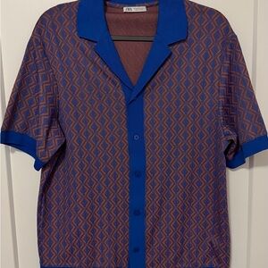 Zara Blue & Brown Geometric Short-Sleeve Button-Up